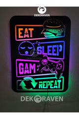 Gamer Led Lighted Wooden Table -eat Sleep Game Repeat 55x40 - Swordslife