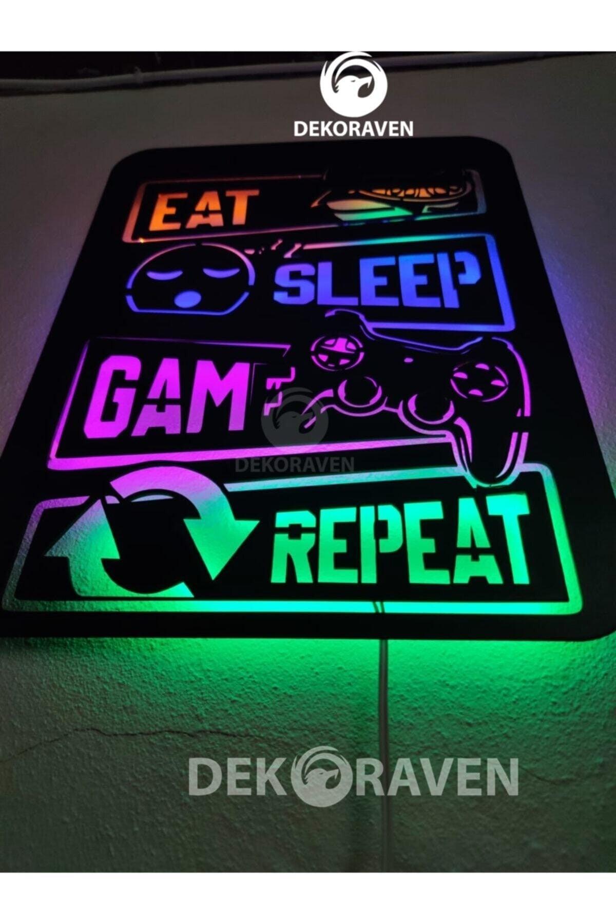 Gamer Led Lighted Wooden Table -eat Sleep Game Repeat 55x40 - Swordslife