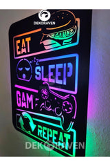 Gamer Led Lighted Wooden Table -eat Sleep Game Repeat 55x40 - Swordslife