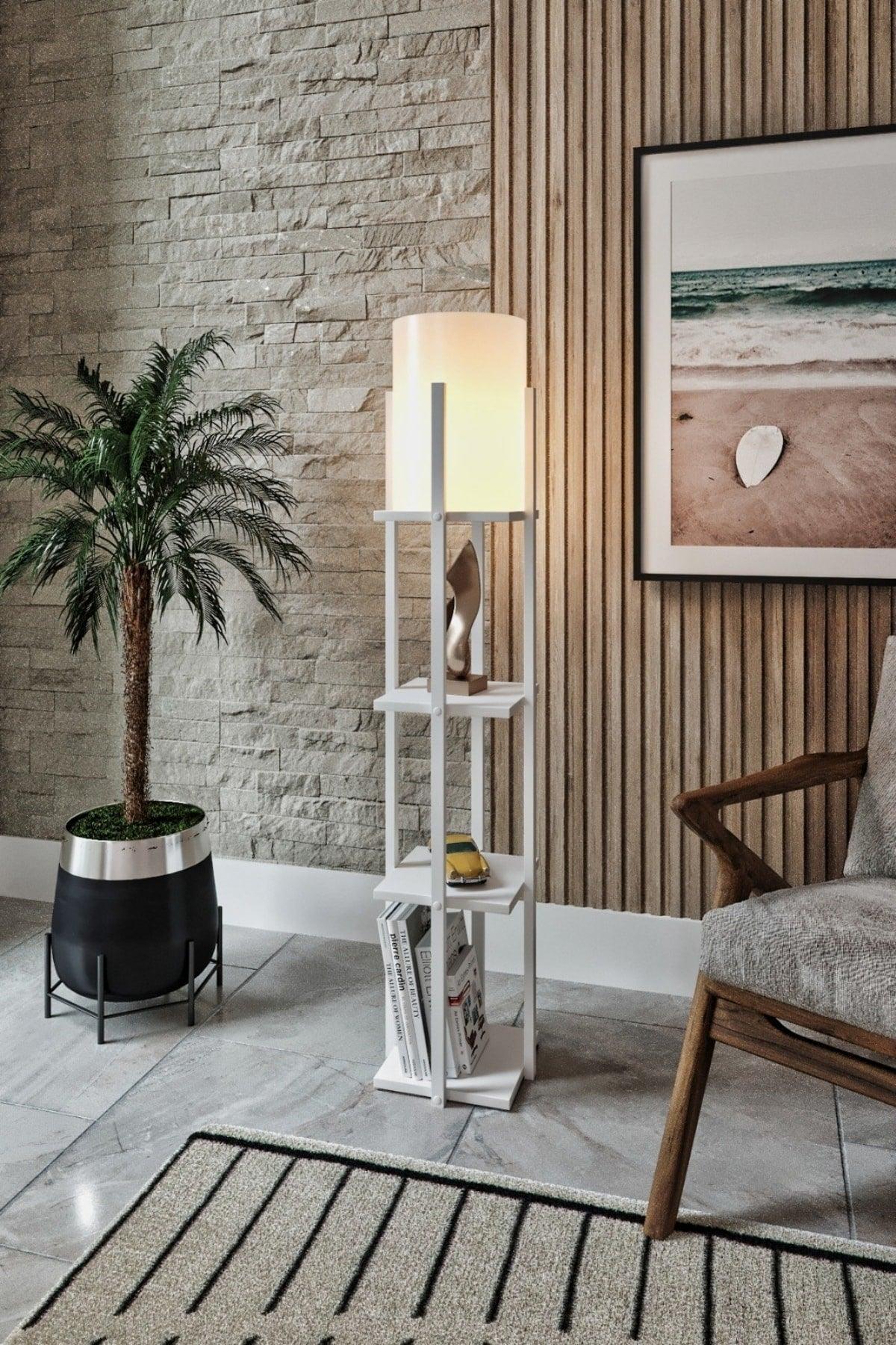 Gardenya White Modern Decorative Wooden Mdf Floor Lamp With 3 Layers Shelves - Swordslife