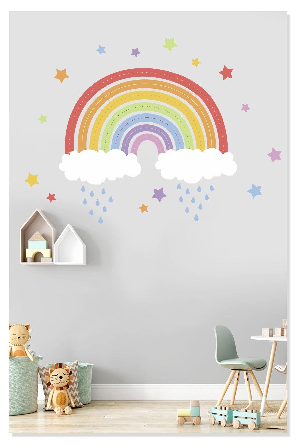 Rainbow Color Stars Clouds And Rain Decorative Kids Room Wall Sticker Mural Ornament - Swordslife