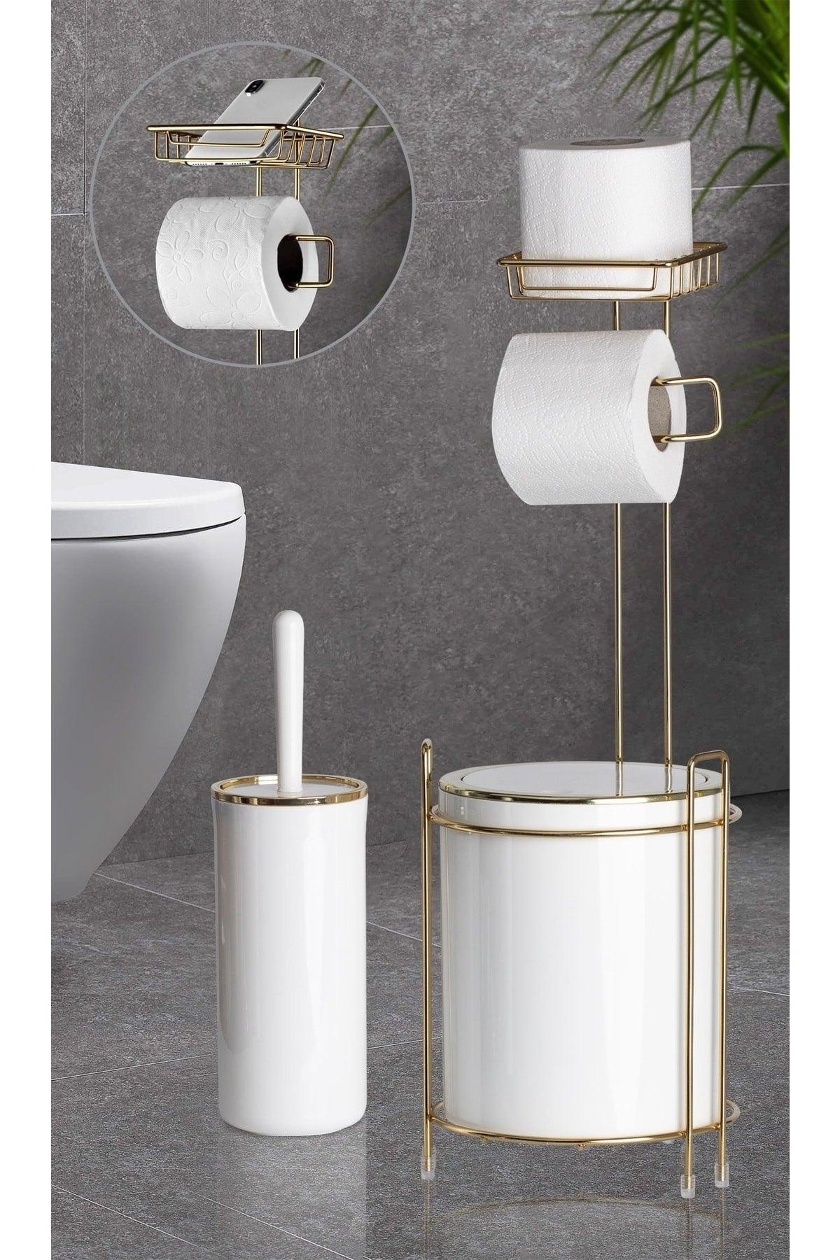 Gold Ersatz-Wc-Papier - Runde weiße Müll Eimer und Wc Brush Set - Swordslife