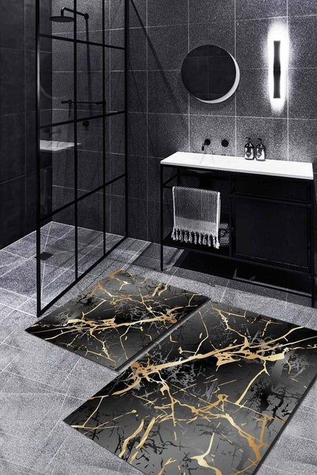 Gold Patterned Black Marble Patterned 2-Piece Carpet Set (60x100/40x60) - Wlly107 - Swordslife