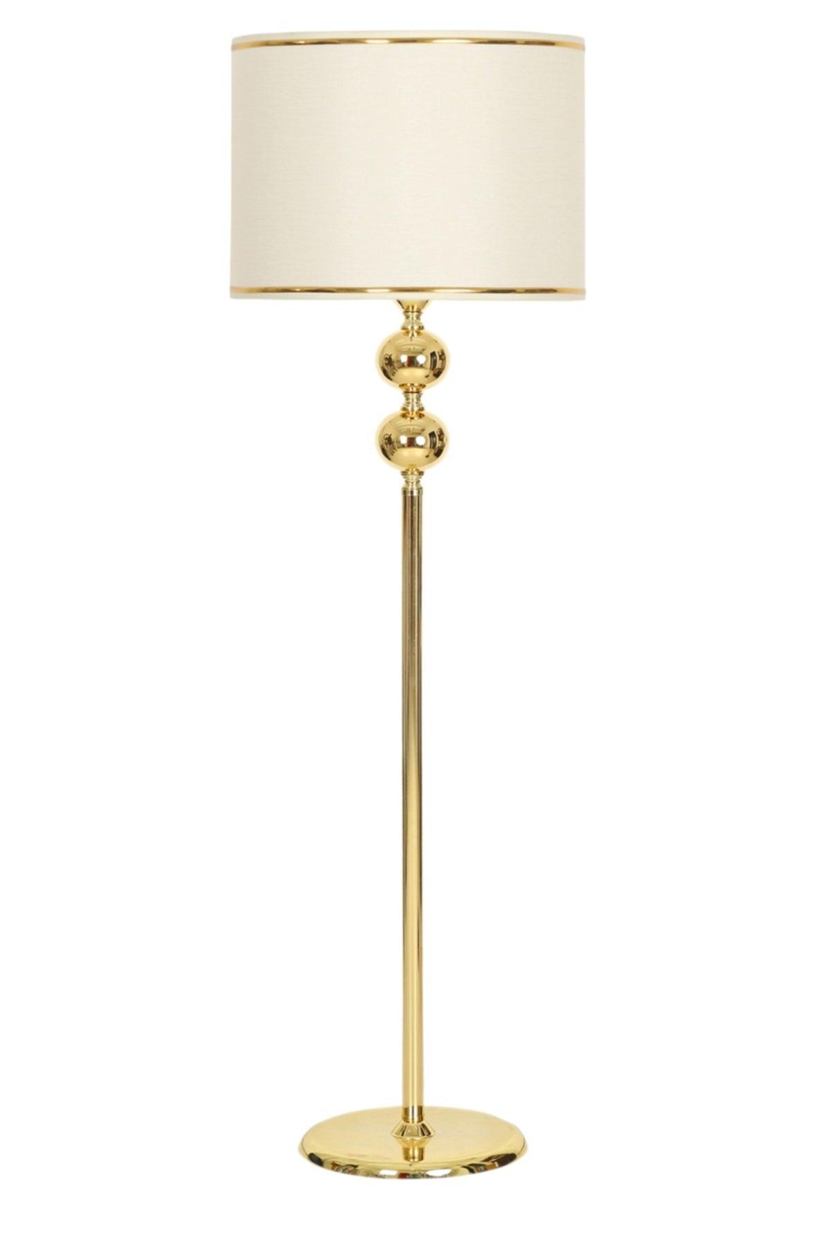 Gold Plated Lucca Metal Flat Single Leg Floor Lamp Gold Detailed Cylinder Head Cream - Swordslife