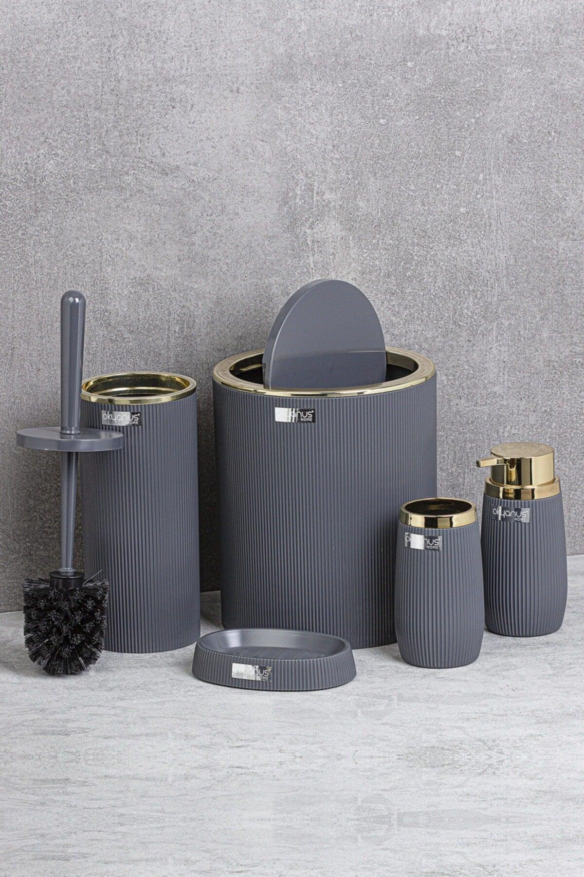 Gold Series Anthracite Striped Round 5 Pcs Bathroom Set - Swordslife