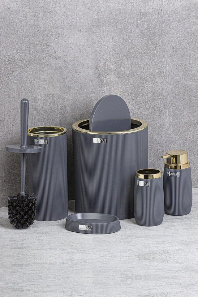 Gold Series Anthracite Striped Round 5 Pcs Bathroom Set - Swordslife