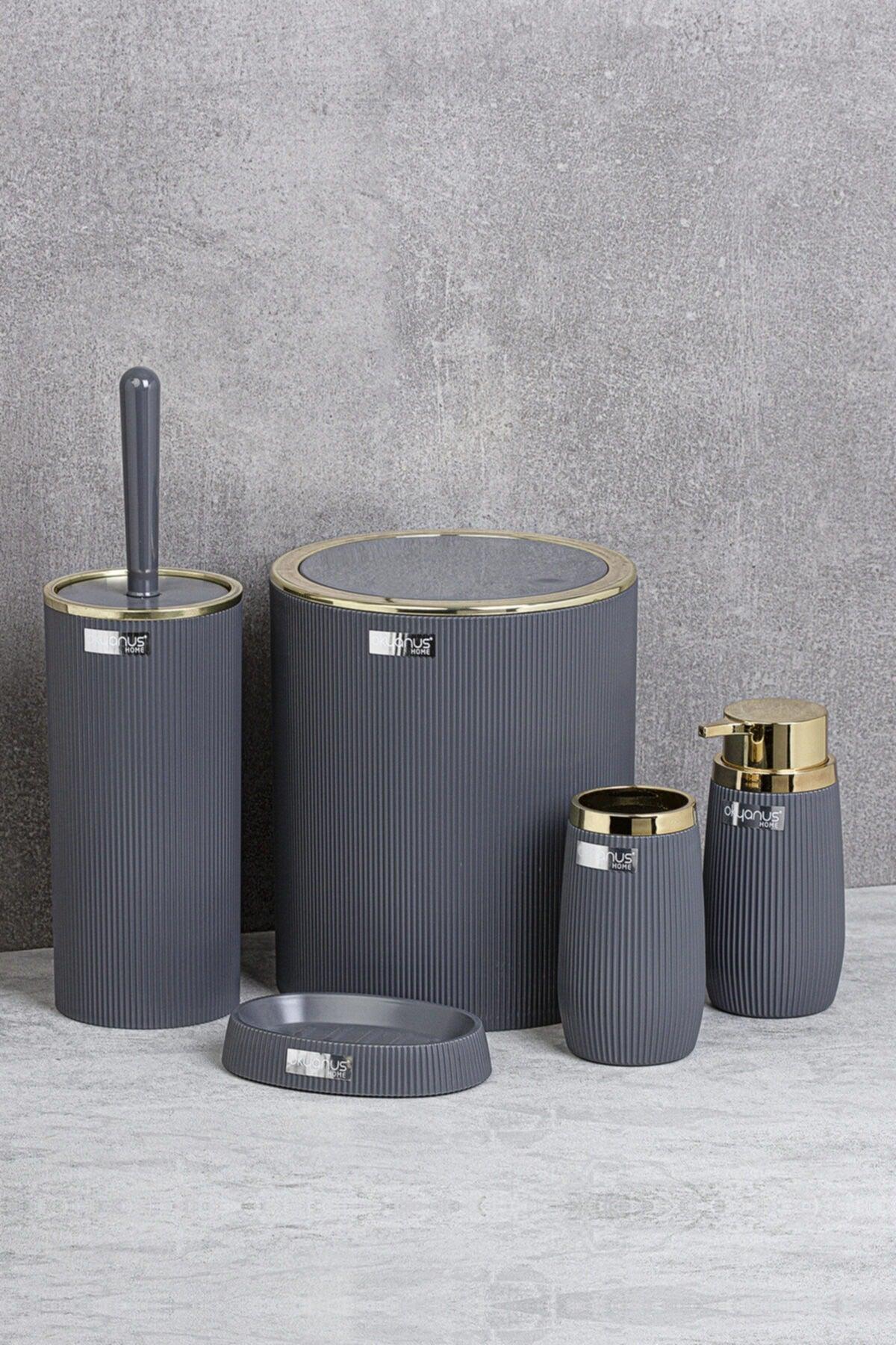 Gold Series Anthracite Striped Round 5 Pcs Bathroom Set - Swordslife