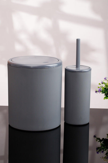 Gray Striped Round 2 Pcs Bathroom Set 2 Pcs Bathroom Set Dustbin Wc Brush - Swordslife