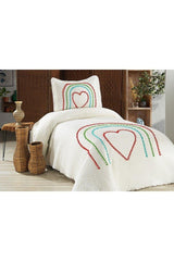 Hale Colored Pompom 100% Cotton Single Bedspread Heart ( Pique ) Set - Swordslife