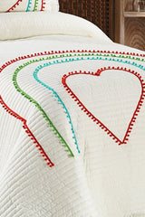 Hale Colored Pompom 100% Cotton Single Bedspread Heart ( Pique ) Set - Swordslife