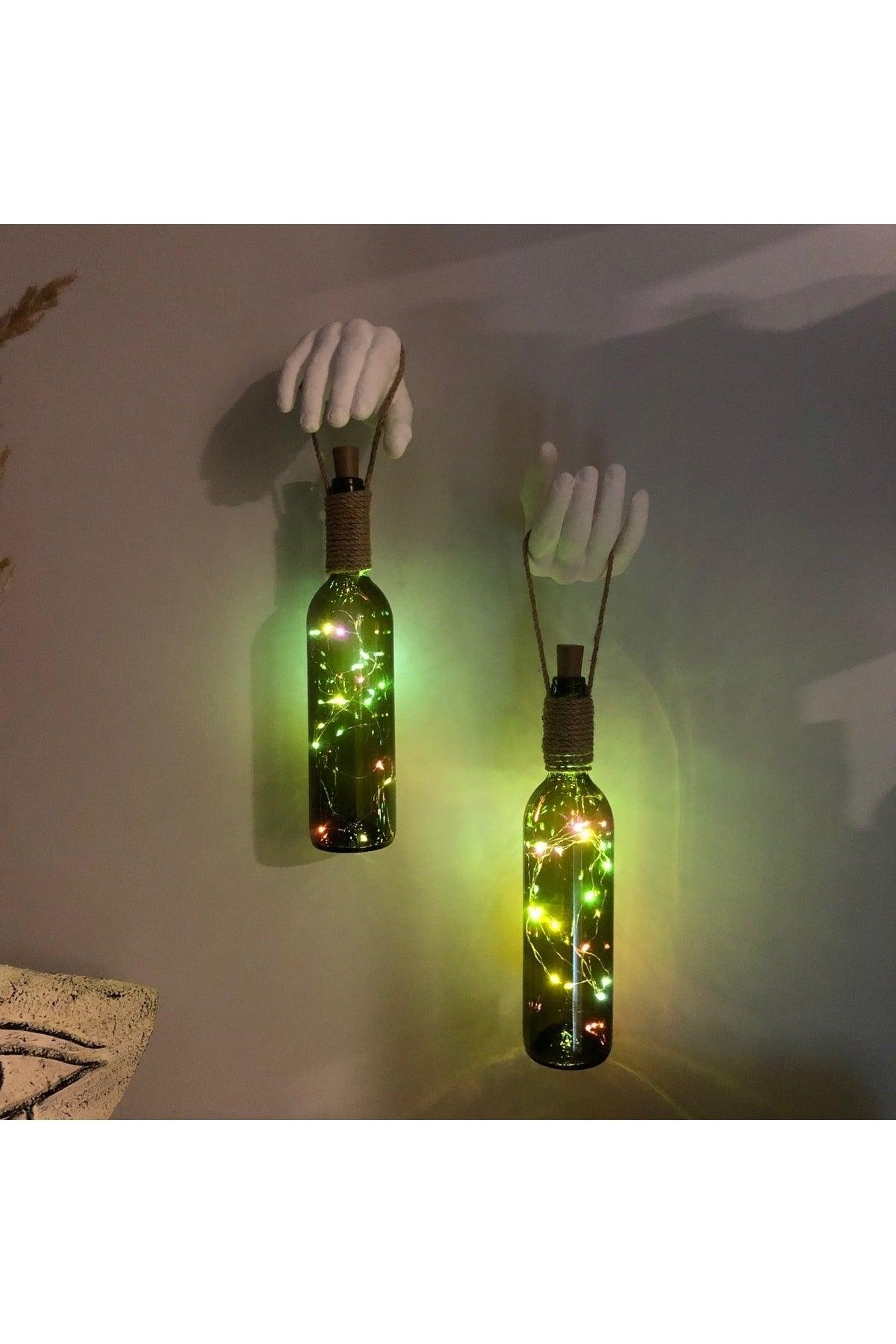 Handmade Sculpture Hand Decorated Colorful Led Lighted Green Wine Bottle Sconce Set of 2 - Swordslife