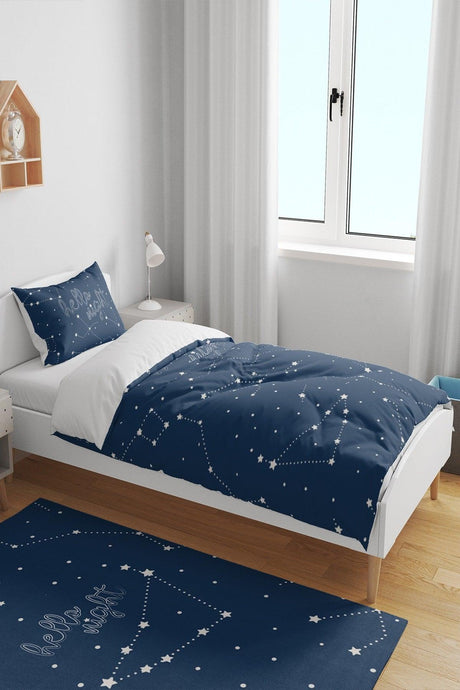 Hello Night Constellations Sky Patterned Navy Blue Single Child Duvet Cover Set - Swordslife