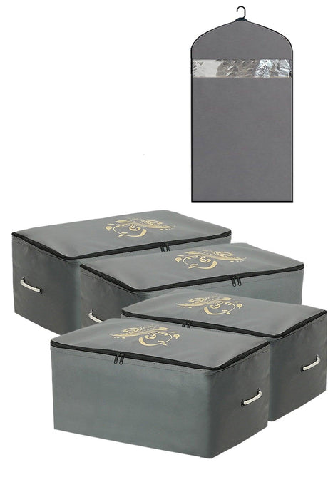 Storage Bag Organizer Storage Bag 4 Pieces 64x41x35 Cm And 1 Clothes Cover Gray Color Set of 5 - Swordslife