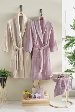 Embroidered cotton bathrobe and towel set 8 pieces