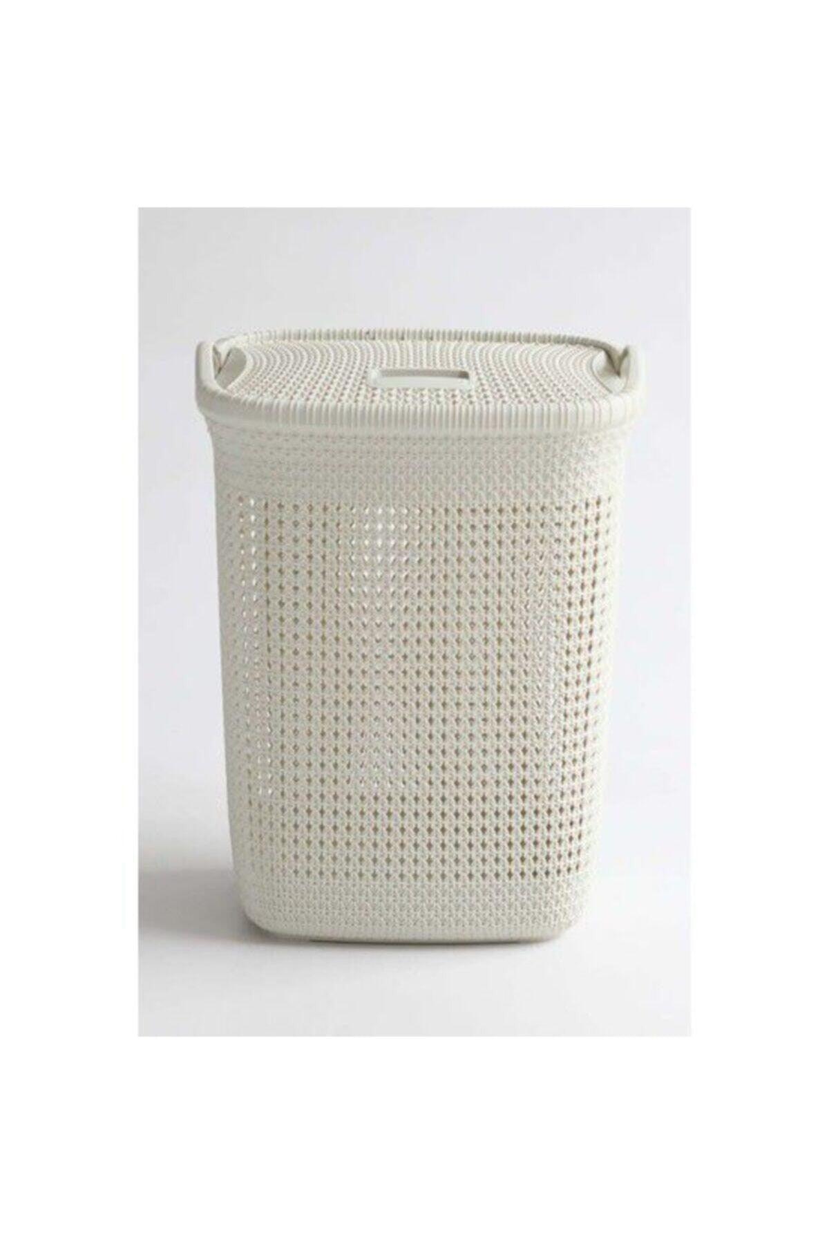 Ivory Knitted Patterned 52 Liter Dirty Laundry Basket - Swordslife