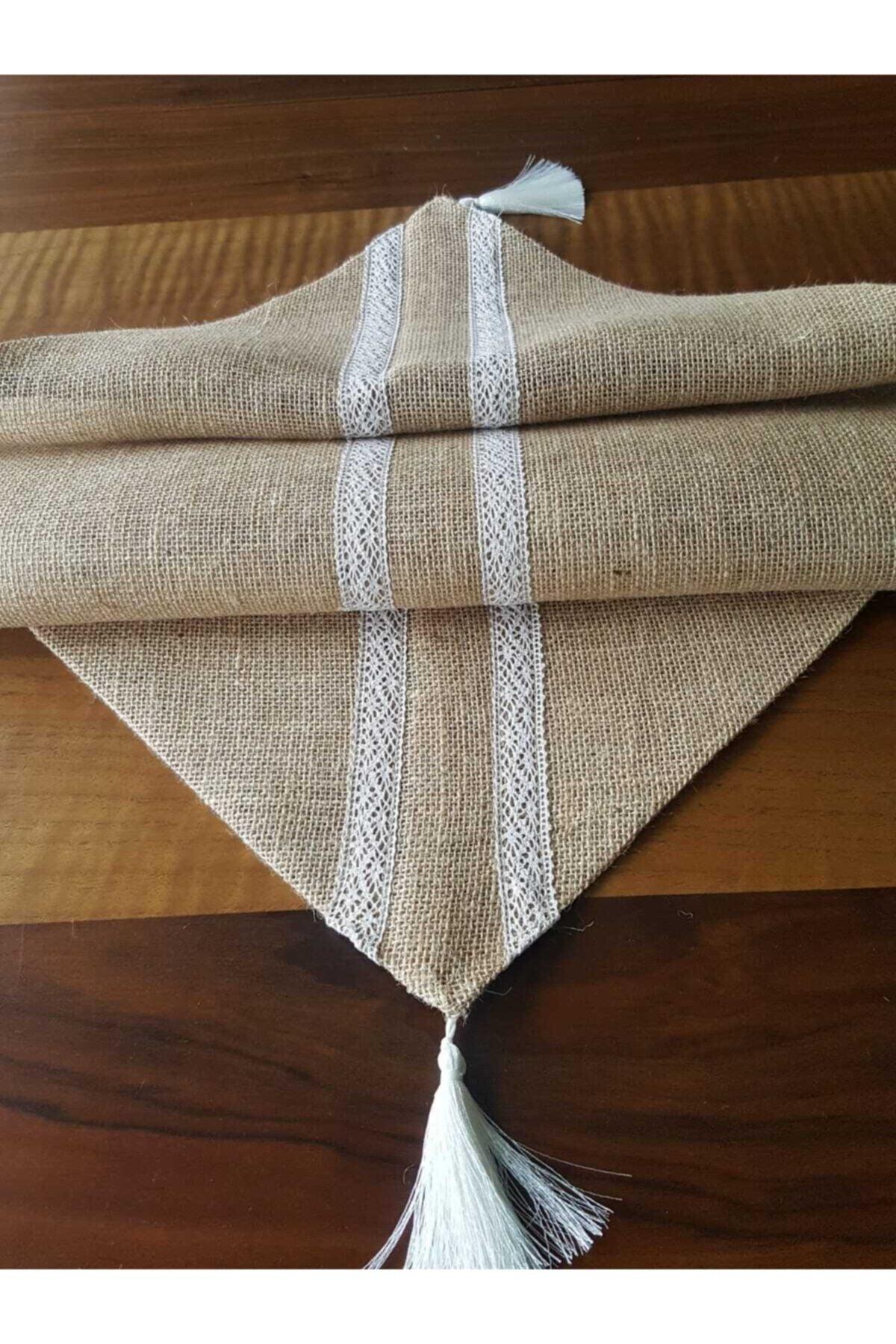 Lace Embroidered Runner On Jute Fabric