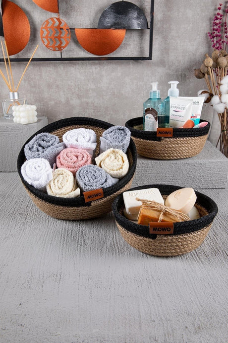 Jute Rope, Handmade 3 Pcs Basket, Luxury Organizer, Bathroom And Home Decor, Organizer With Black Stripe - Swordslife