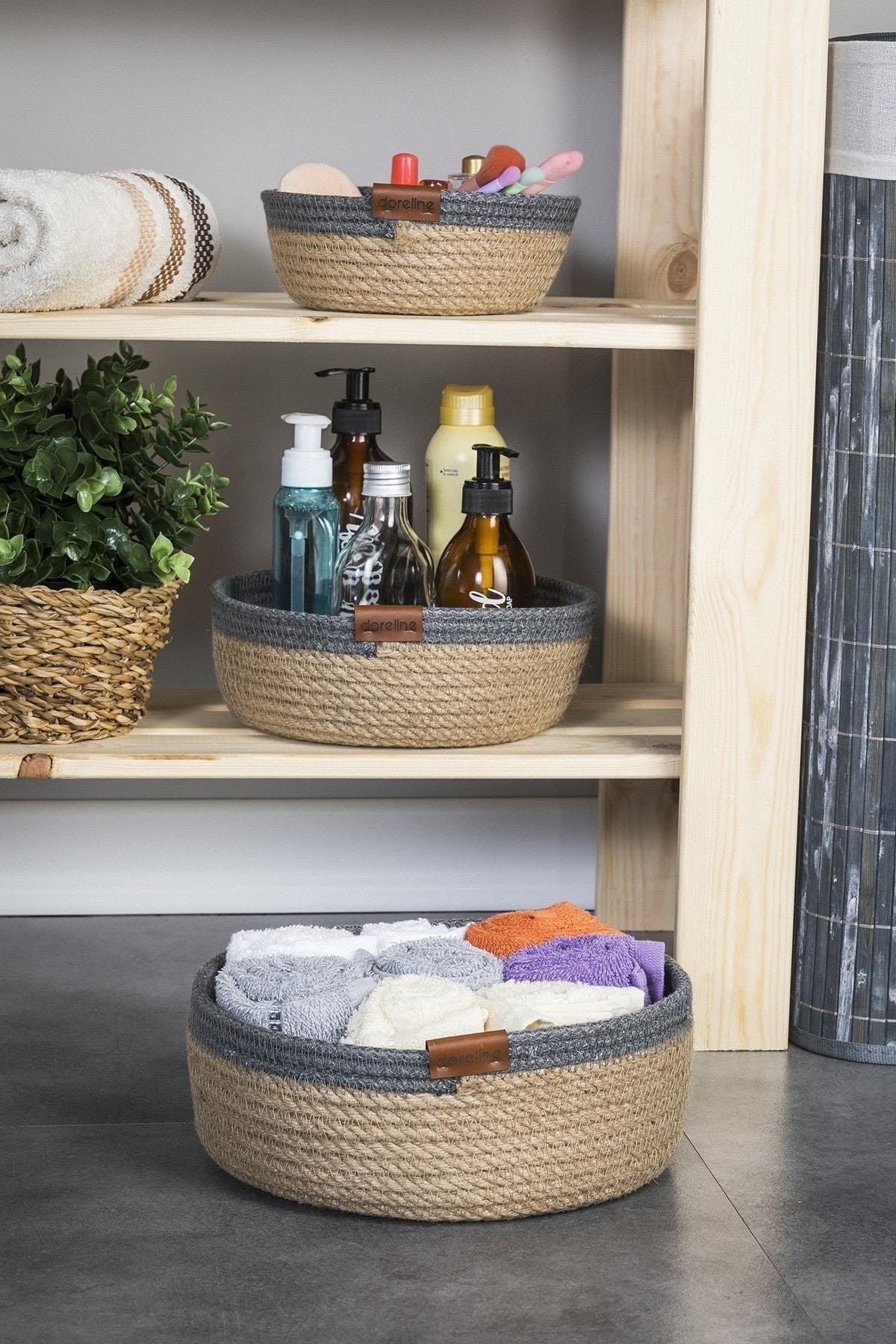 Jute Rope, Anthracite Striped Handmade 3 Pcs Basket, Luxury Organizer, Bathroom And Home Decor - Swordslife