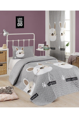 Quilted Bedspread Set Single Rabbit A.Brown-Grey-Pink - Swordslife
