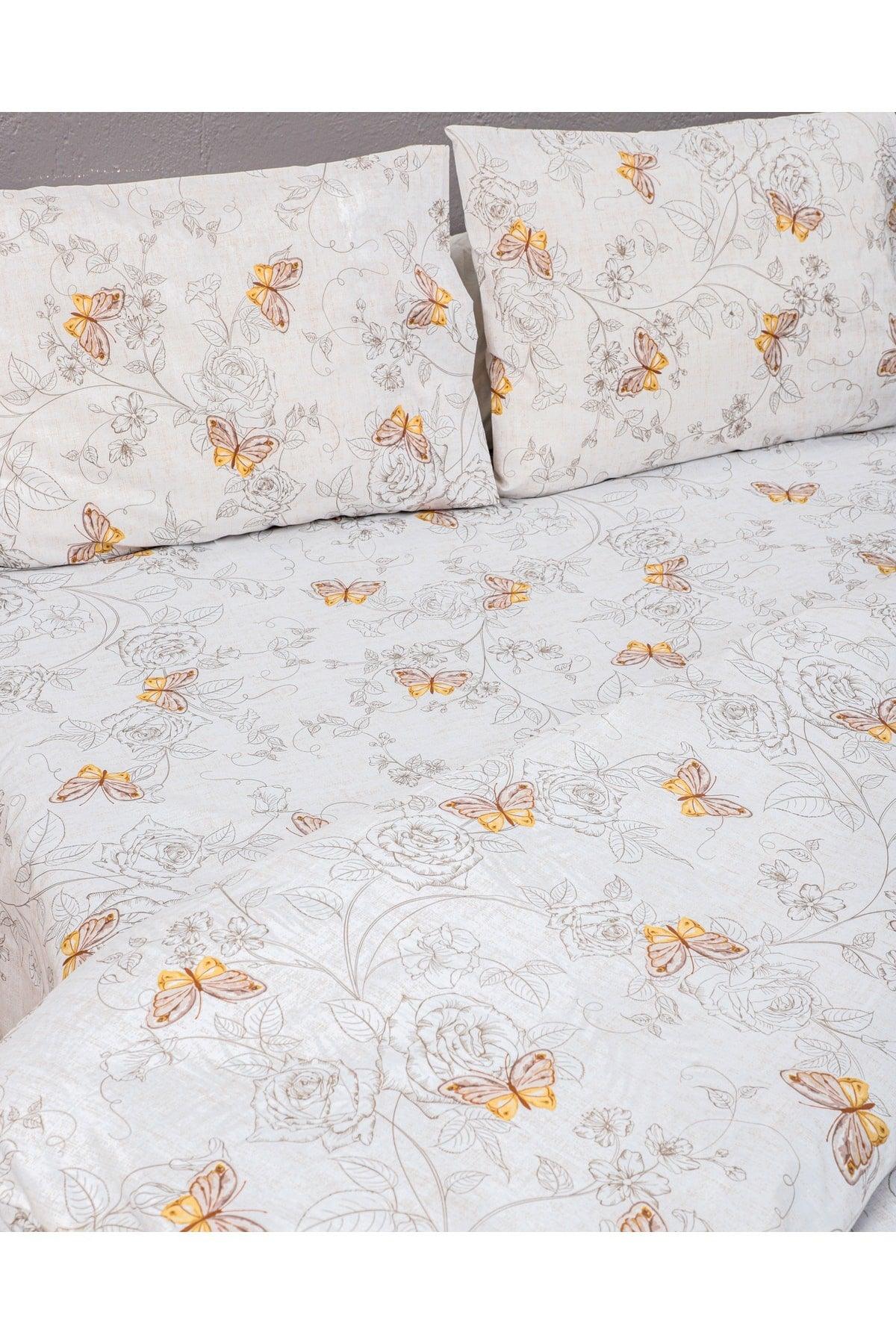 Butterfly Pattern Duvet Cover Set, Double Cotton Ranforce Fabric - Cream Rose Butterfly - Swordslife