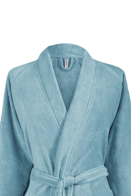 Kimono Bathrobe Velvet Aqua 100% Cotton Double Embroidery Ruched - Swordslife