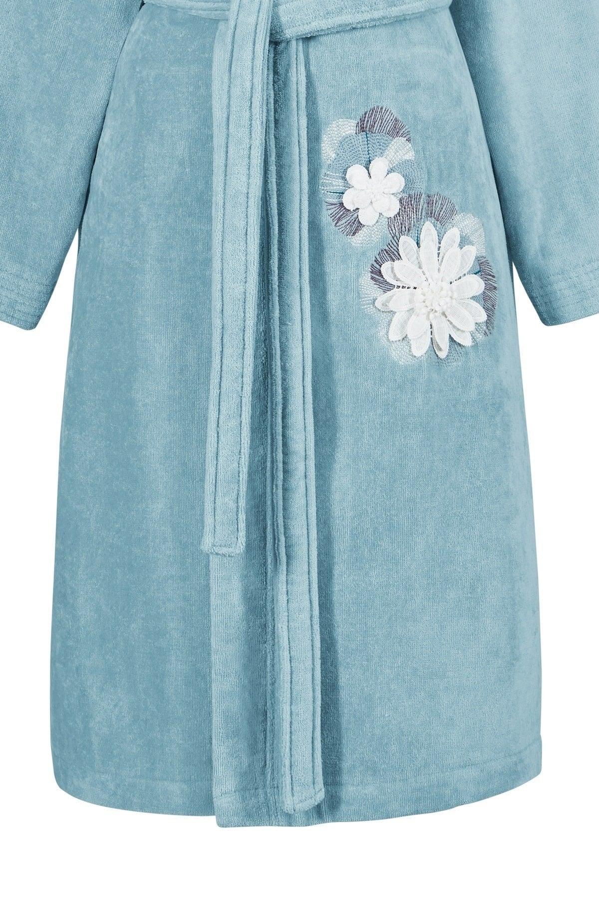 Kimono Bathrobe Velvet Aqua 100% Cotton Single Embroidery Ruched - Swordslife