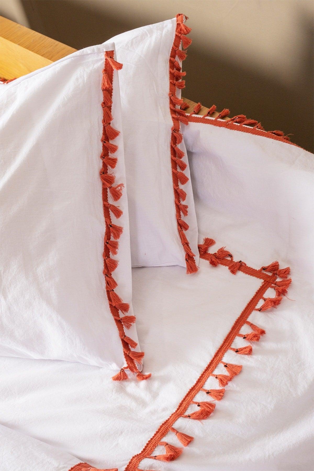 Red Pompom Full Organic White 100% Cotton Double Duvet Cover Pillow Set - Swordslife