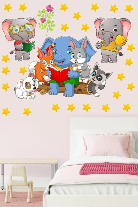 Cute Forest Animals And Stars Reading A Book Kindergarten Kids Room Wall Sticker - Swordslife