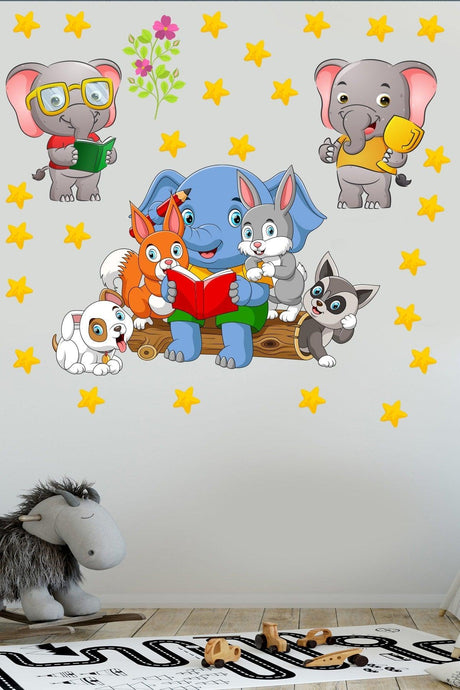 Cute Forest Animals And Stars Reading A Book Kindergarten Kids Room Wall Sticker - Swordslife