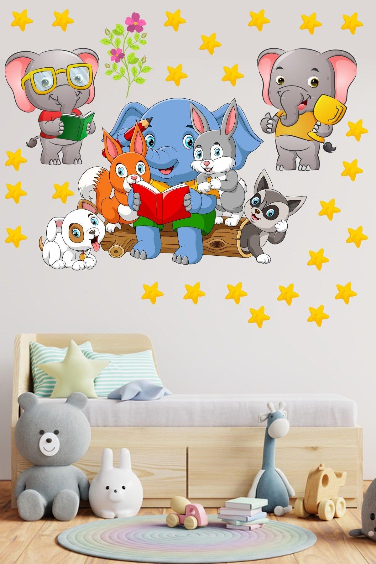 Cute Forest Animals And Stars Reading A Book Kindergarten Kids Room Wall Sticker - Swordslife