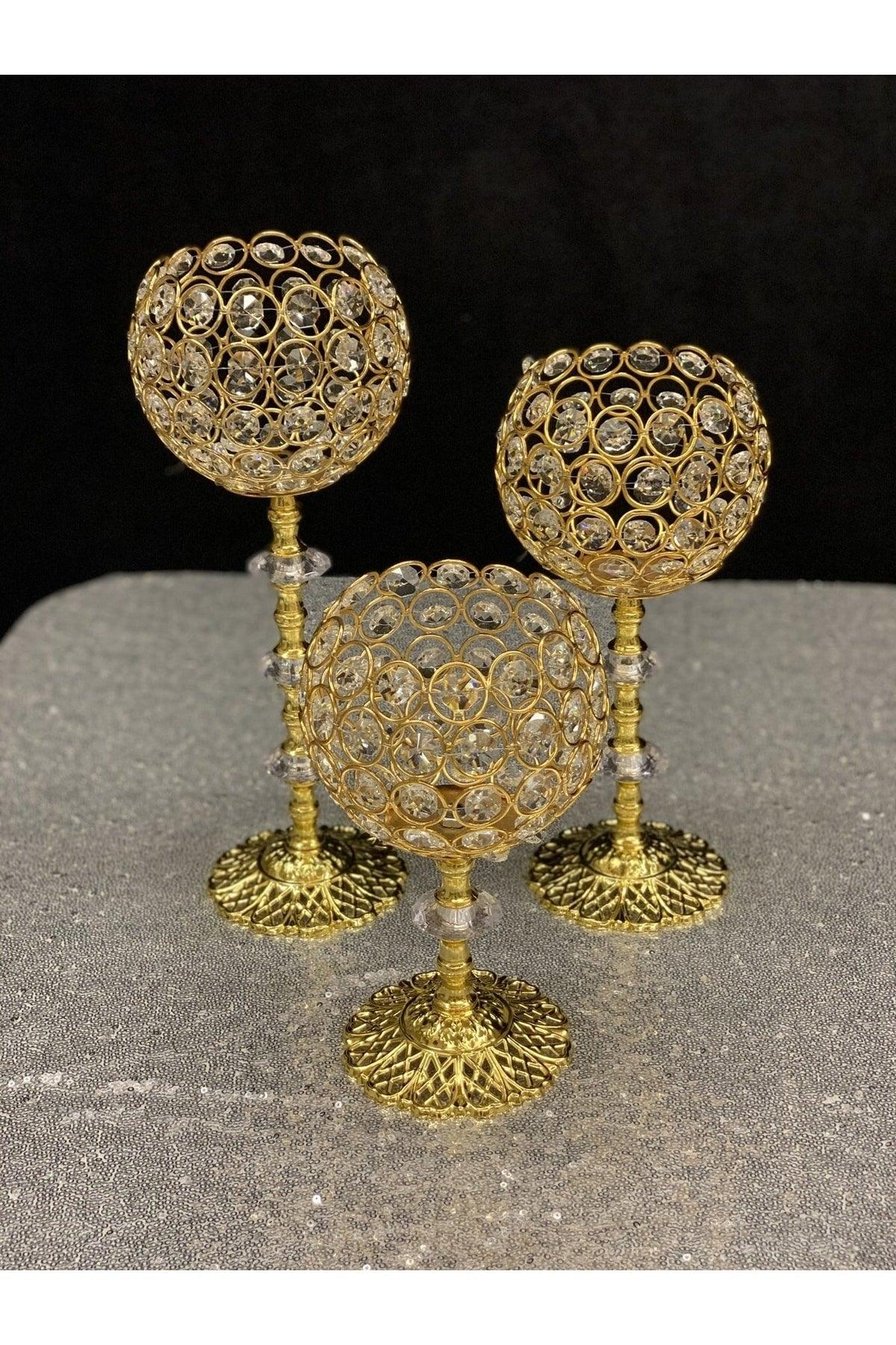 Set of 3 Gold Candlestick with Crystal Stone Leg - Swordslife