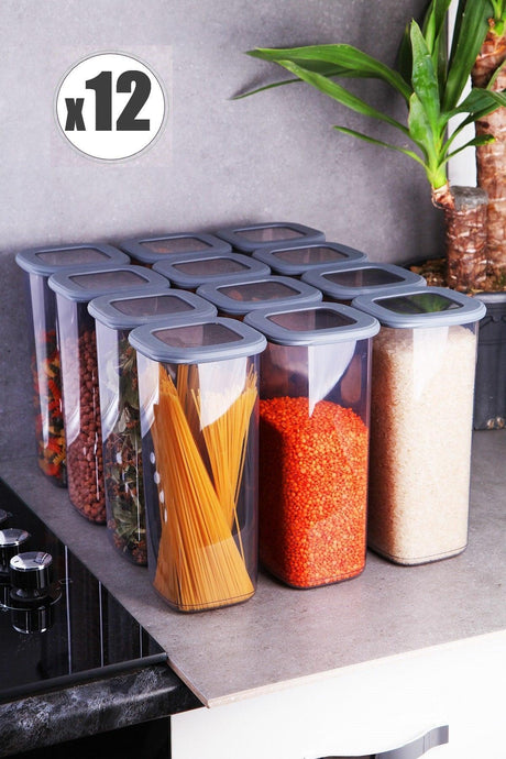 12 Jumbo Size Boly Square Storage Container Set with Label - 1.750ml Anthracite Supply Storage Container Jar - Swordslife