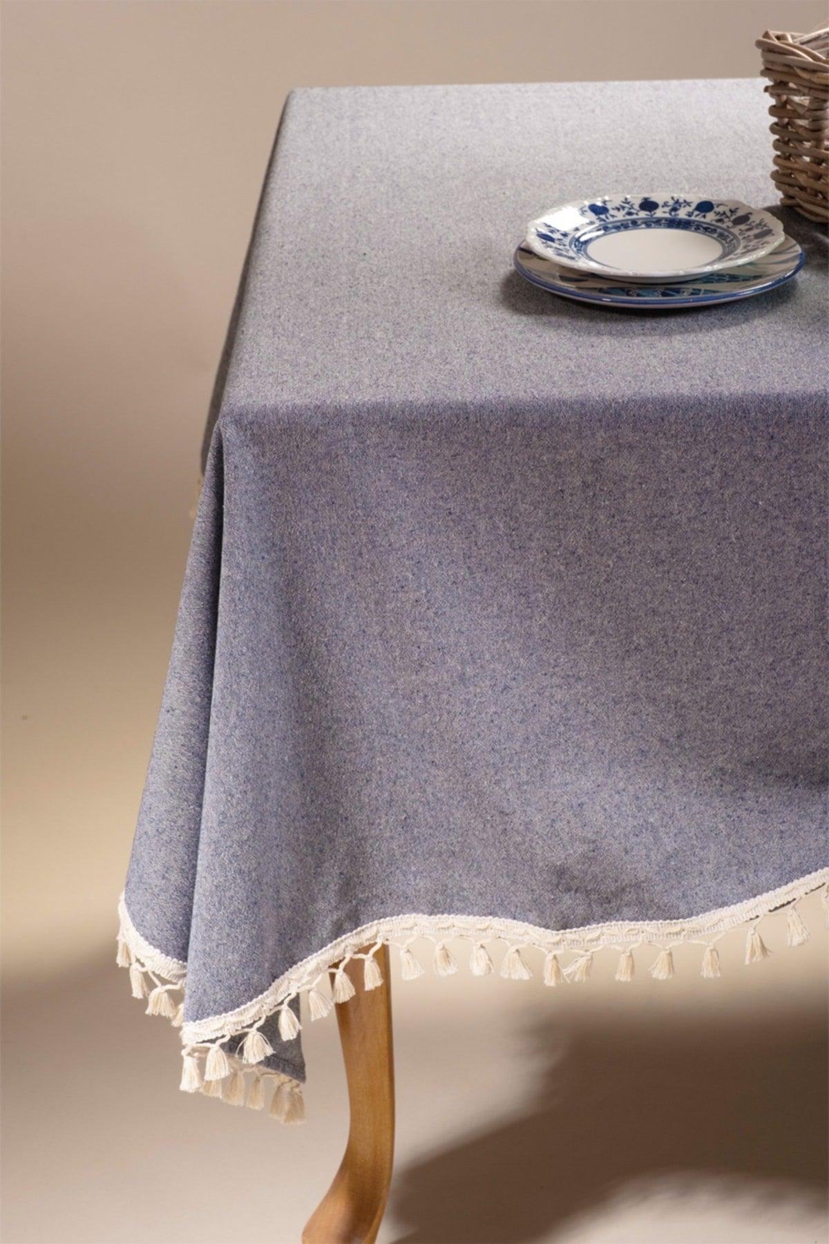 Navy Blue Colored Cotton Pompom Tablecloth - Swordslife