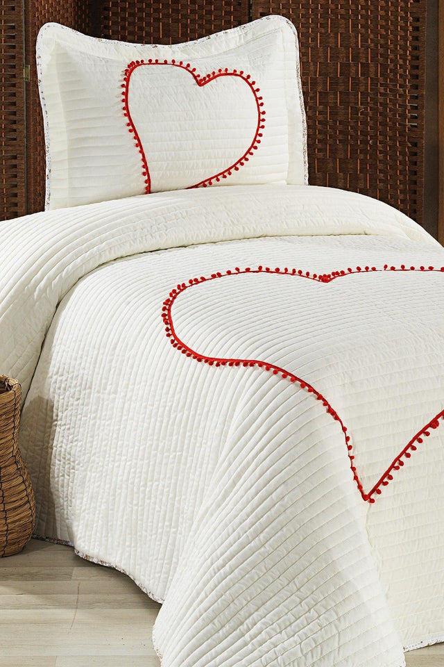 Larin Heart Pompom 100% Cotton Single Bedspread ( Pique ) Set Cream/red - Swordslife