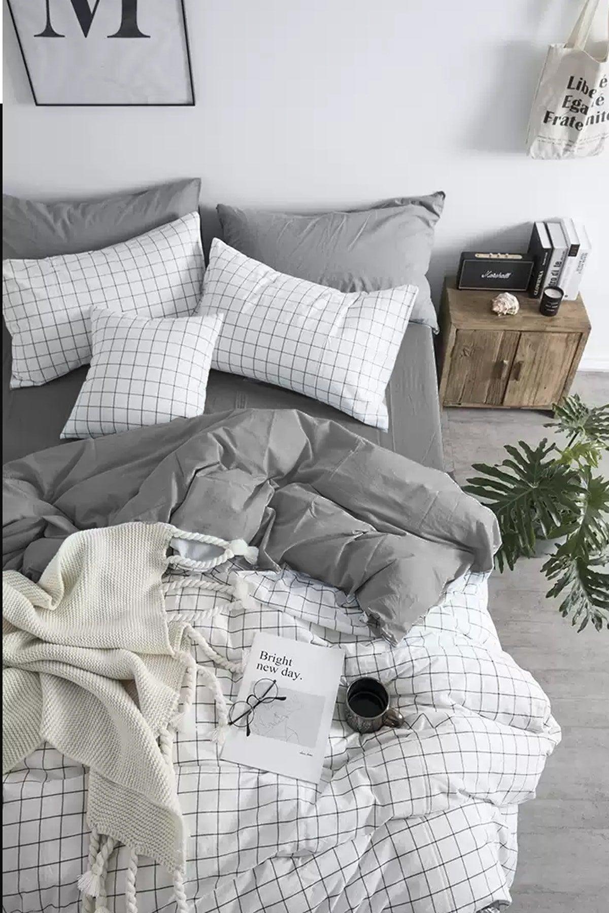 Elastic Bed Linen Duvet Cover Set Double White Small Square White Gray - Swordslife