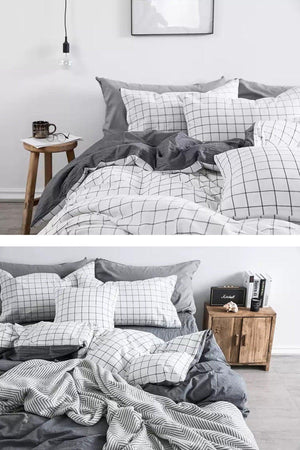Elastic Bed Linen Duvet Cover Set Double White Small Square White Gray - Swordslife