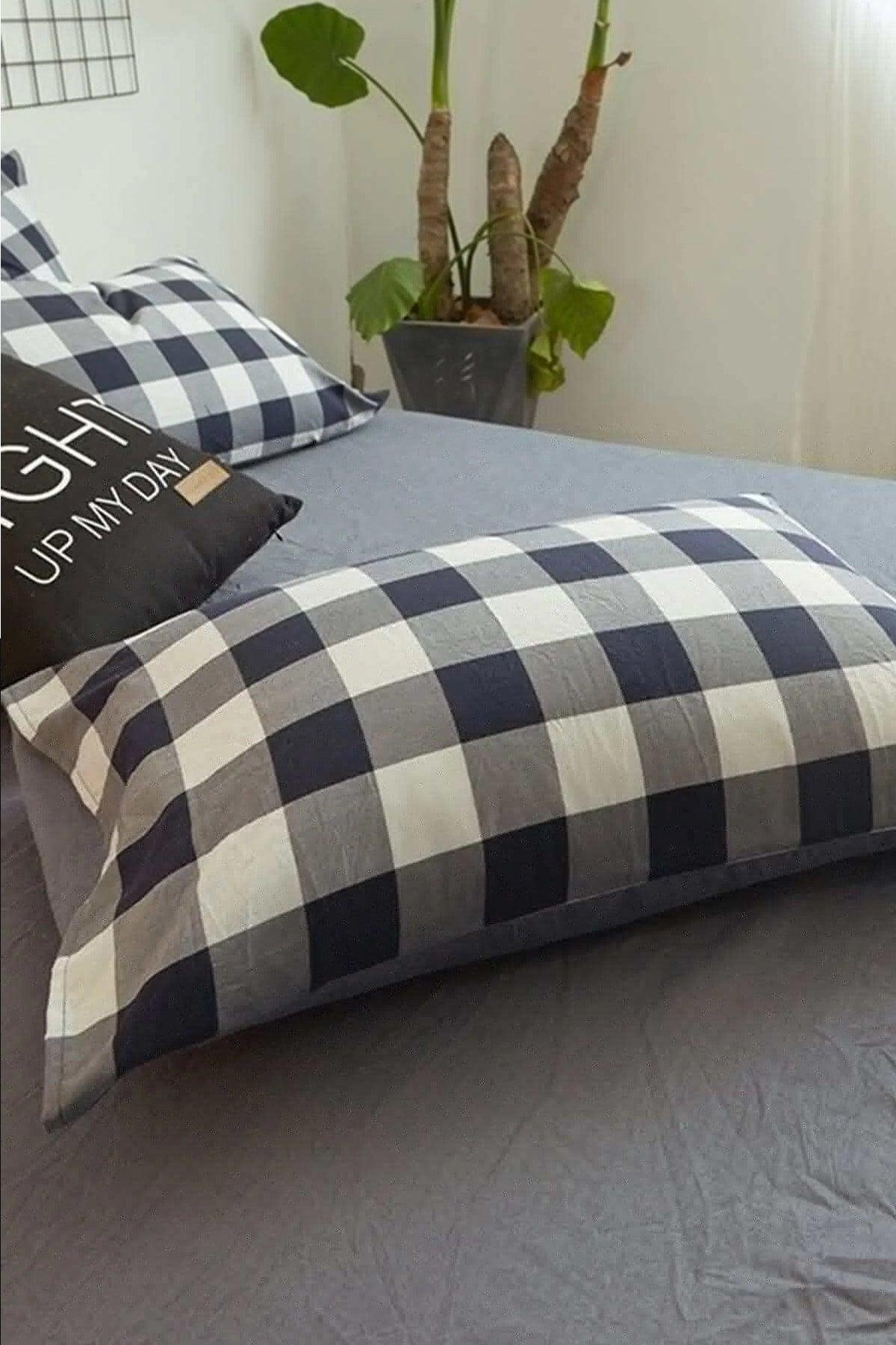 Elastic Bed Linen Duvet Cover Set Double Gingham Large Black-white - Swordslife