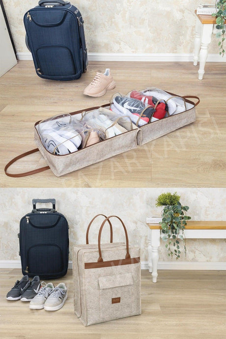 Leather Handled Shoe Travel Bag Beige