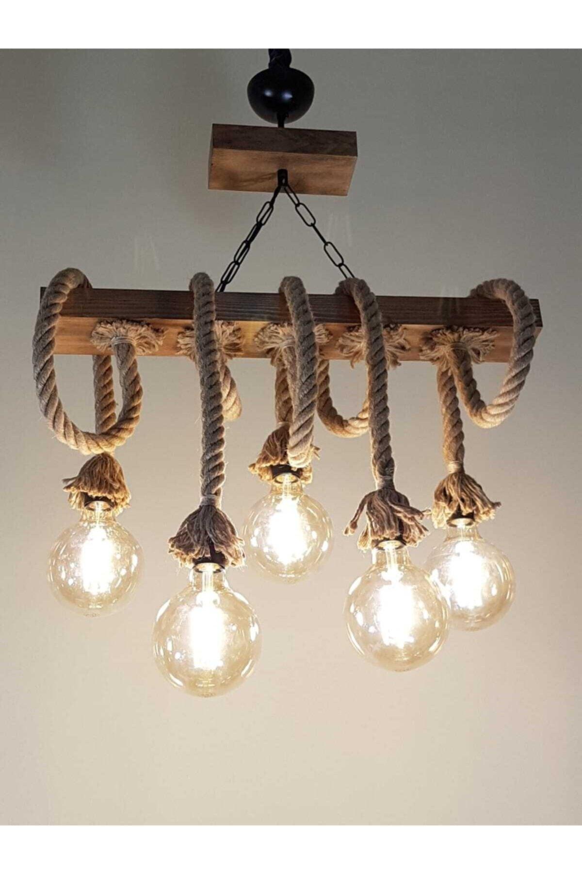 Lena 954- 5 Li Row Wooden Chandelier with Rope Handmade Special Design - Swordslife