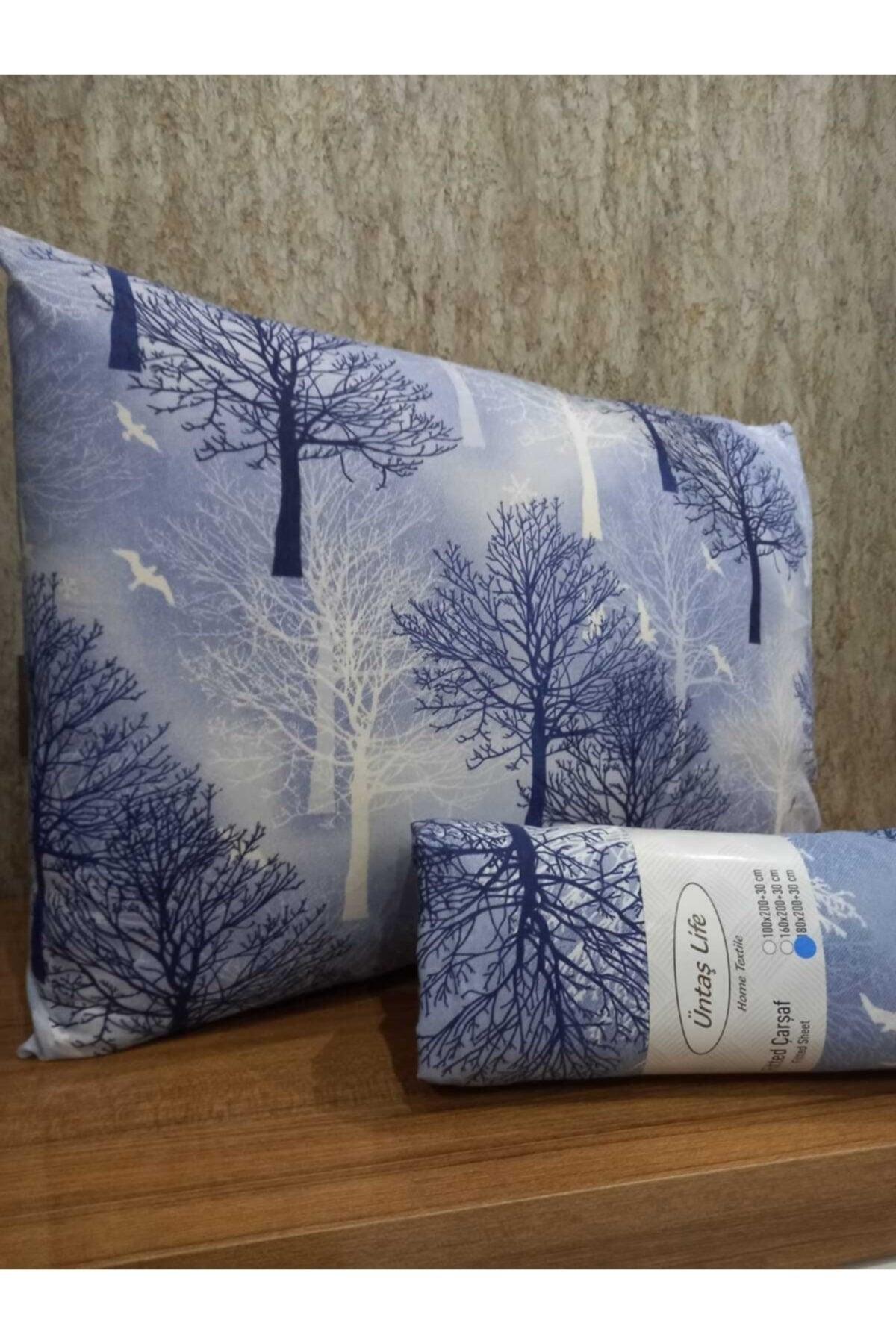 Life 160x200 Double Elastic Bed Sheet + 2 Pillow Cases Blue Tree - Swordslife