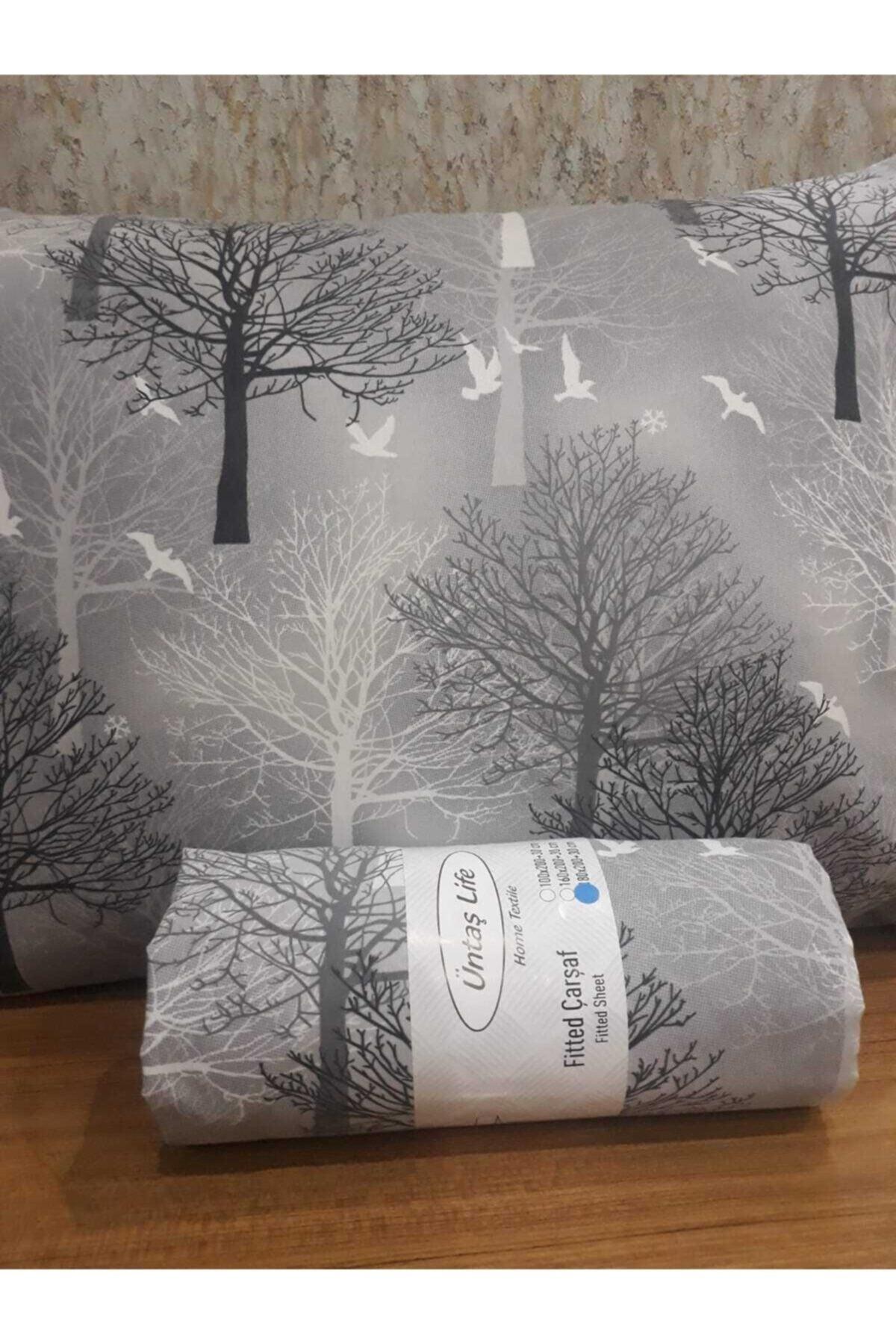 Life Double Elastic Bed Sheet + 2 Pillow Cases 160x200 Gray Tree Ecgriiağaç2 - Swordslife