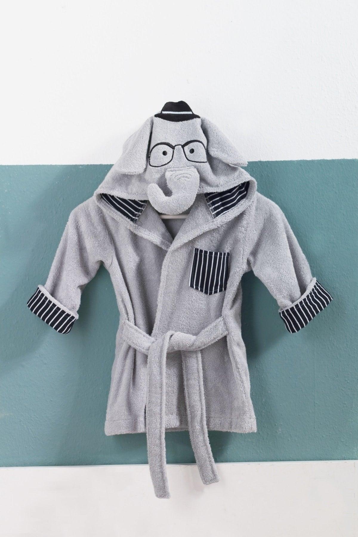 Light Gray Boy Elephant Child Bathrobe Embroidered 0/2 Age - Swordslife