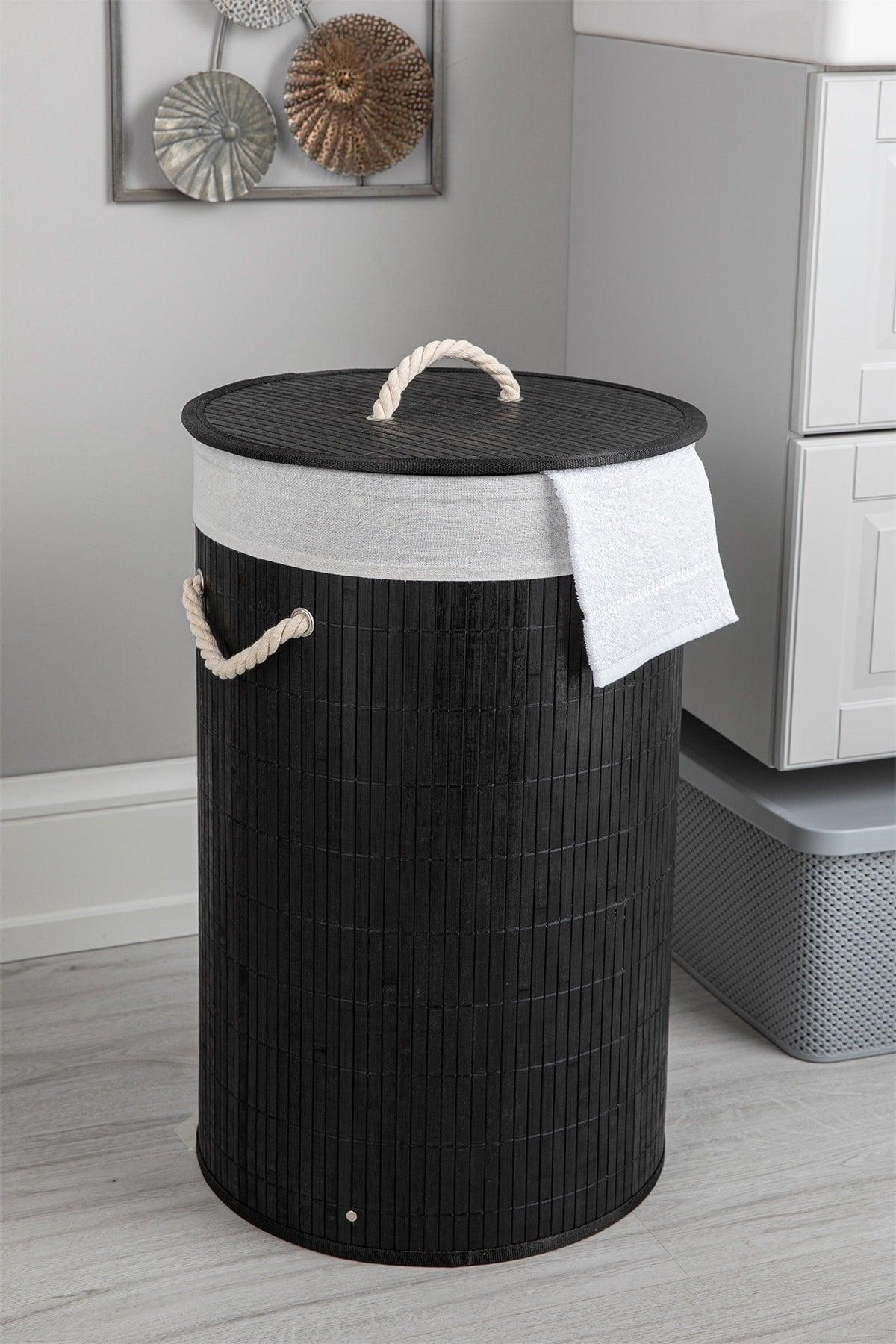 Limpia Natural Bamboo Black Round Laundry Basket - Swordslife