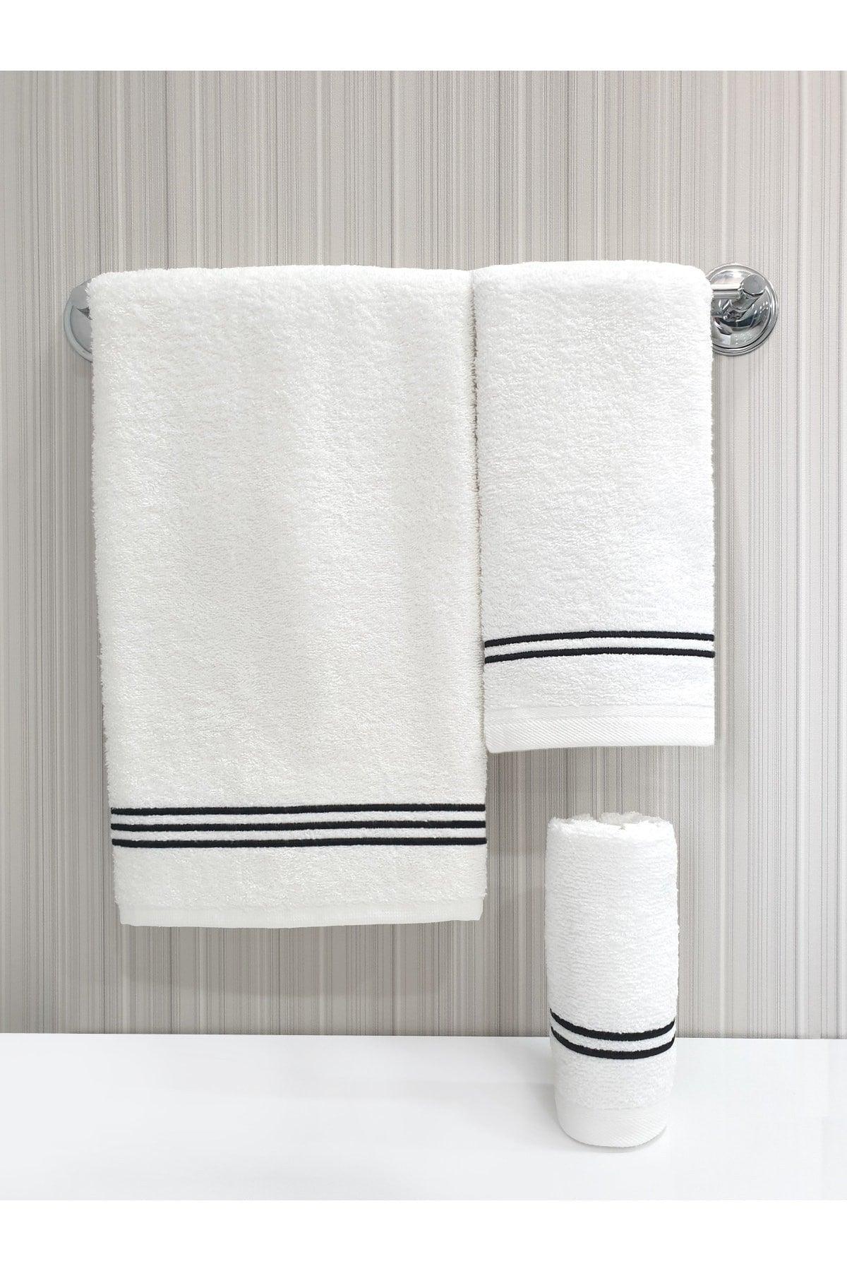 Line Pattern Embroidered 3 Piece Towel Set 30x50 / 40x60 / 50x90 Cm - Swordslife