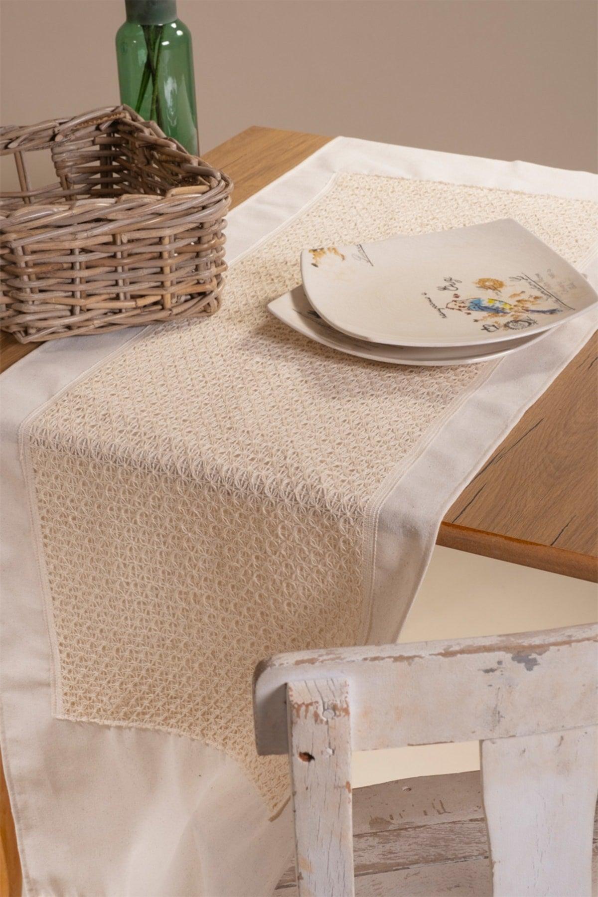 Linen Top Half Lace Tasseled Cream 45x150 Cm Runner Table Cloth - Swordslife