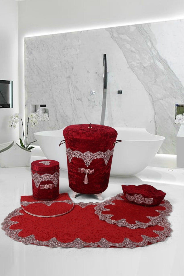 Luxury Claret Red 6 Pcs Lacy Bathroom Dirty Laundry Basket Set Bath Mat Set - Swordslife