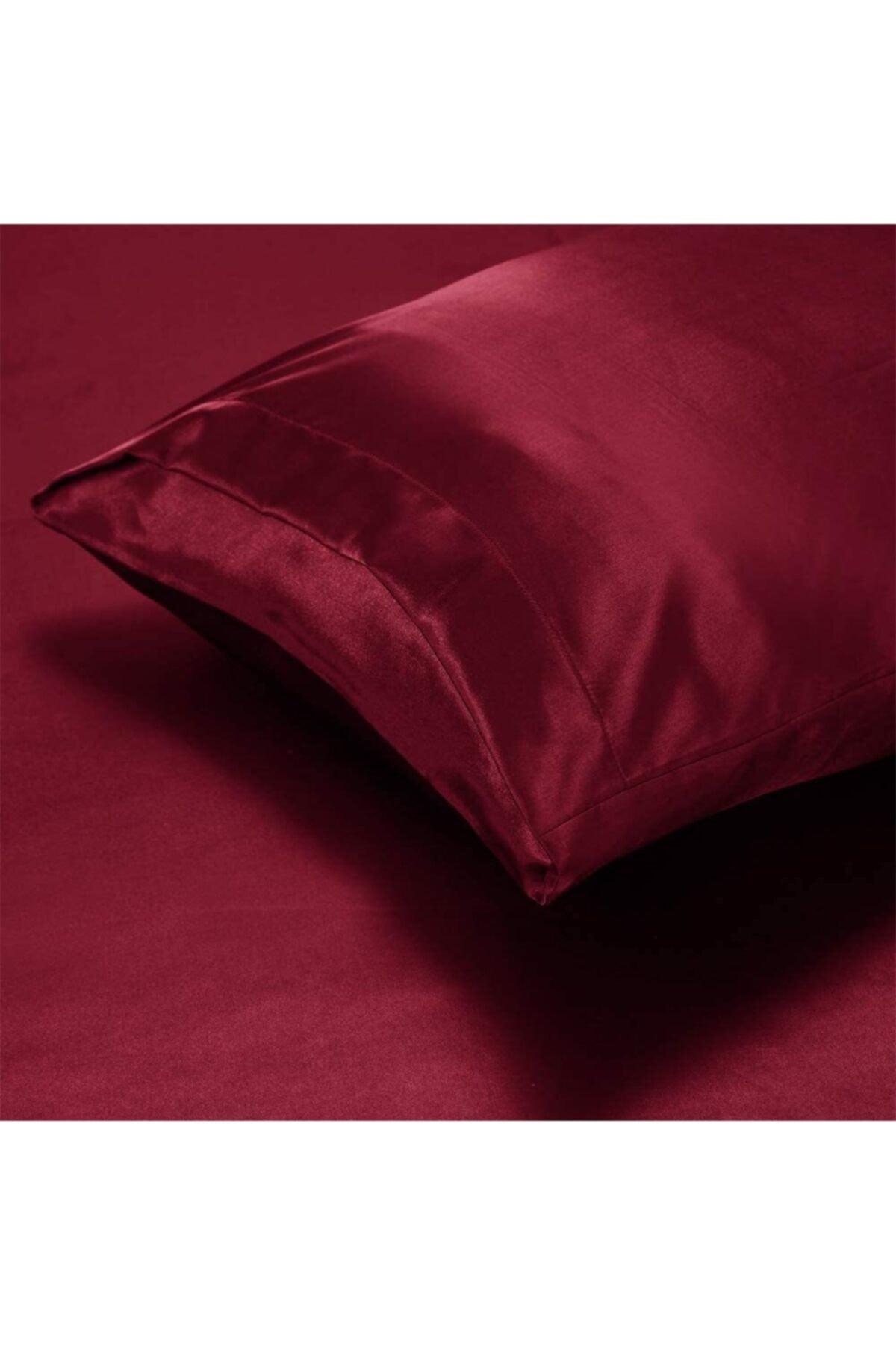Luxury Satin 4 Pieces Double Duvet Cover Set 200x220 Cm Elastic Bed Sheet Claret Red Color - Swordslife