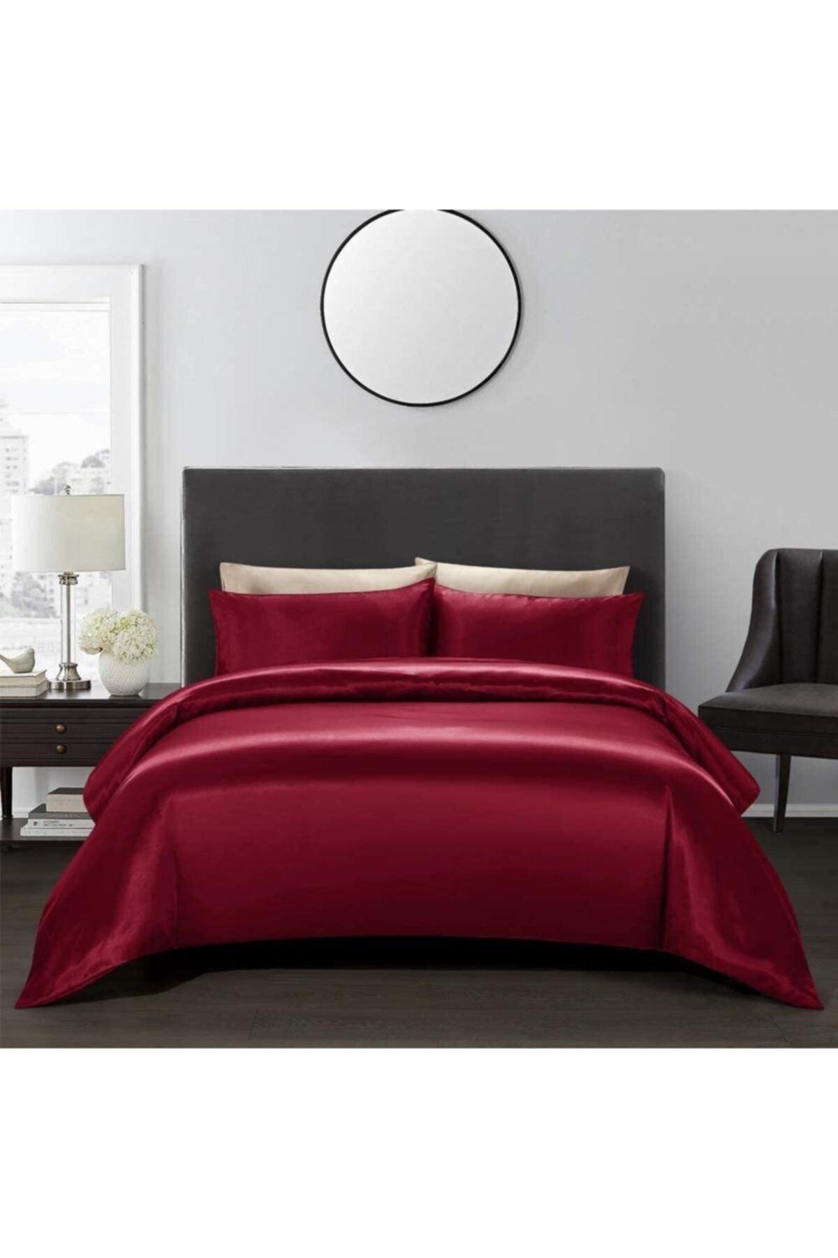 Luxury Satin 4 Pieces Double Duvet Cover Set 200x220 Cm Elastic Bed Sheet Claret Red Color - Swordslife