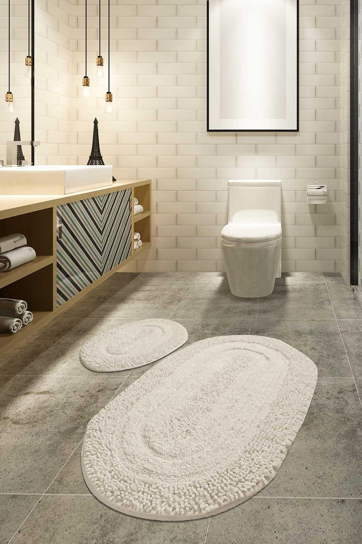 MACORONİ EKRU 2 PIECE SET Bathroom Carpet, Mat 100% Natural Cotton - Swordslife