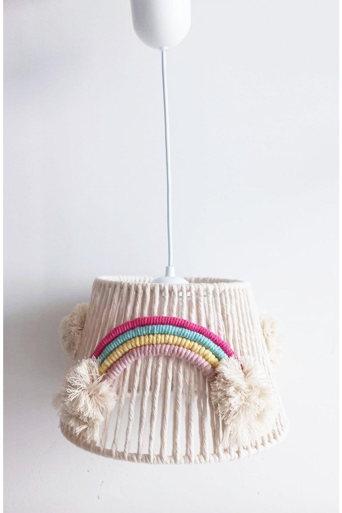 Macrame Rope Wrap Rainbow Appliqued Handmade Pompom Baby And Kids Room Chandelier - Swordslife